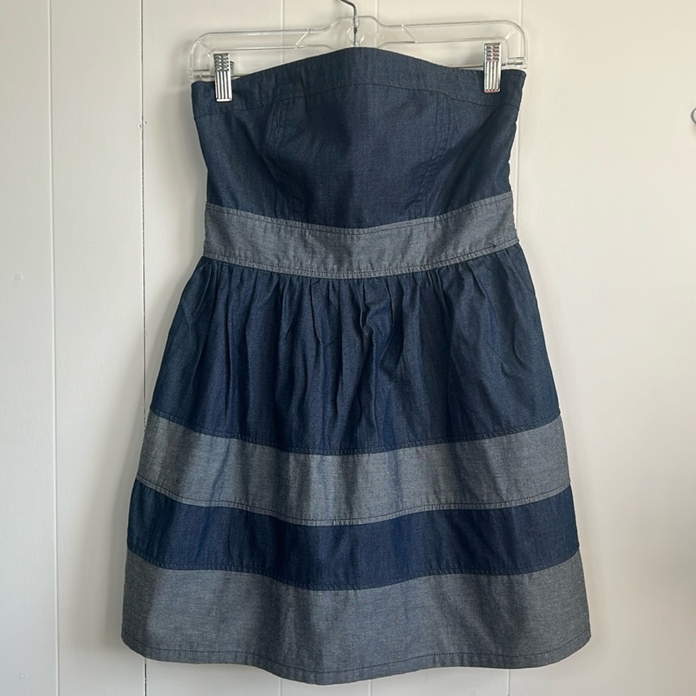 Forever 21 Strapless Dress Womens Small Denim & Navy Blue Striped with Pockets!